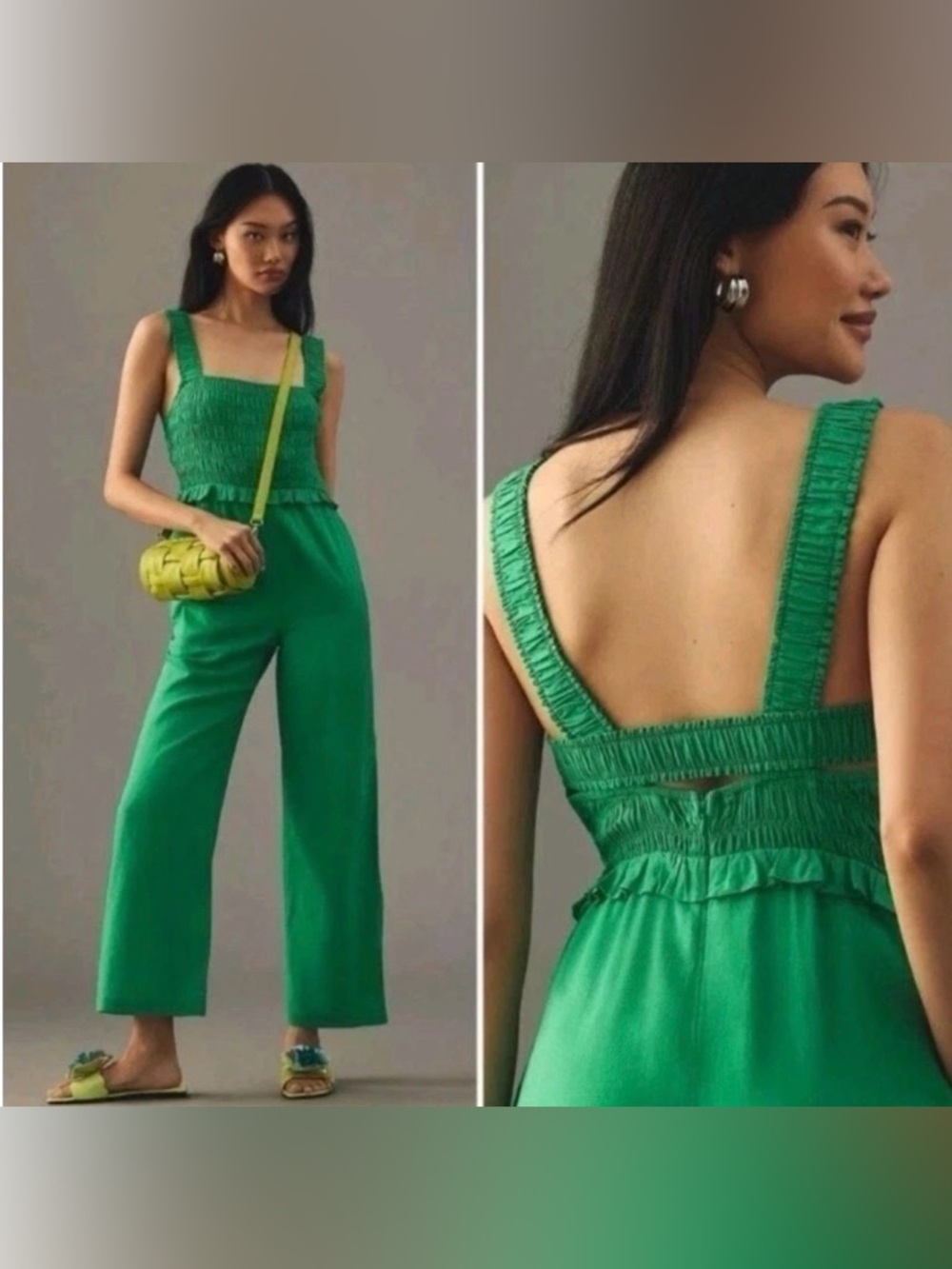 NWT Anthropologie If By Sea Kelly Green Smocked Strap Jumpsuit